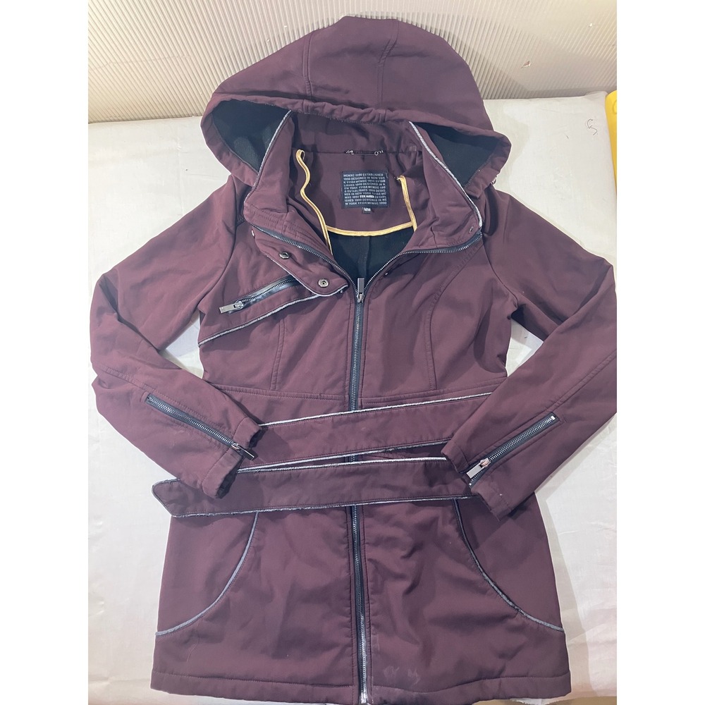 Steve Madden Women Burgundy Hooded Belted Softshell Jacket Medium M